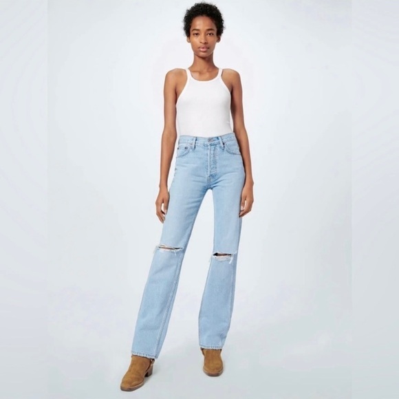 RE/DONE 90s High Rise Loose Bleach Destroyed Jeans Straight Leg Button Fly - Picture 2 of 14